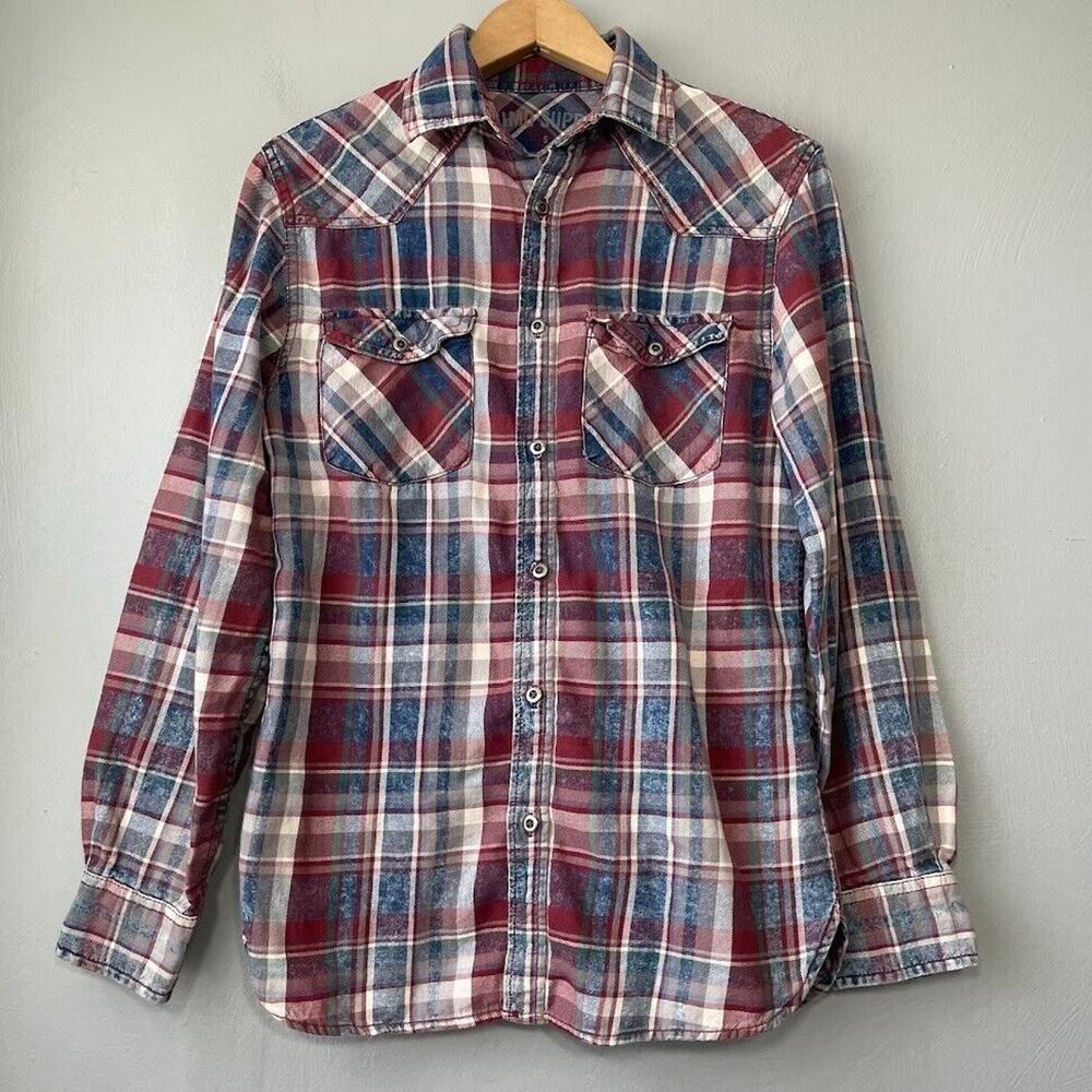 Mossimo Supply Plaid Denim Shirt Womens Size Small Button Up Boho Grunge Y2K